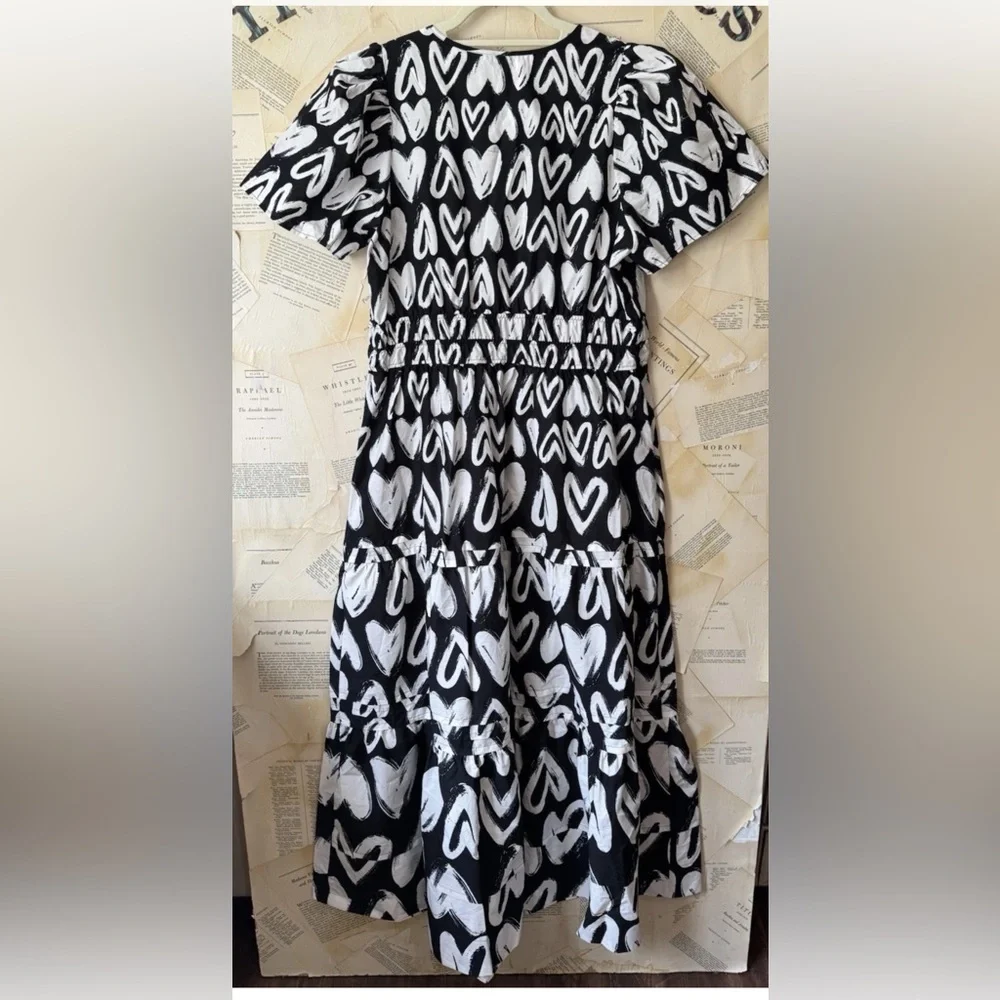 Anthropologie The Somerset Maxi Dress Smocked Heart Edition Poplin Black White - Picture 7 of 7